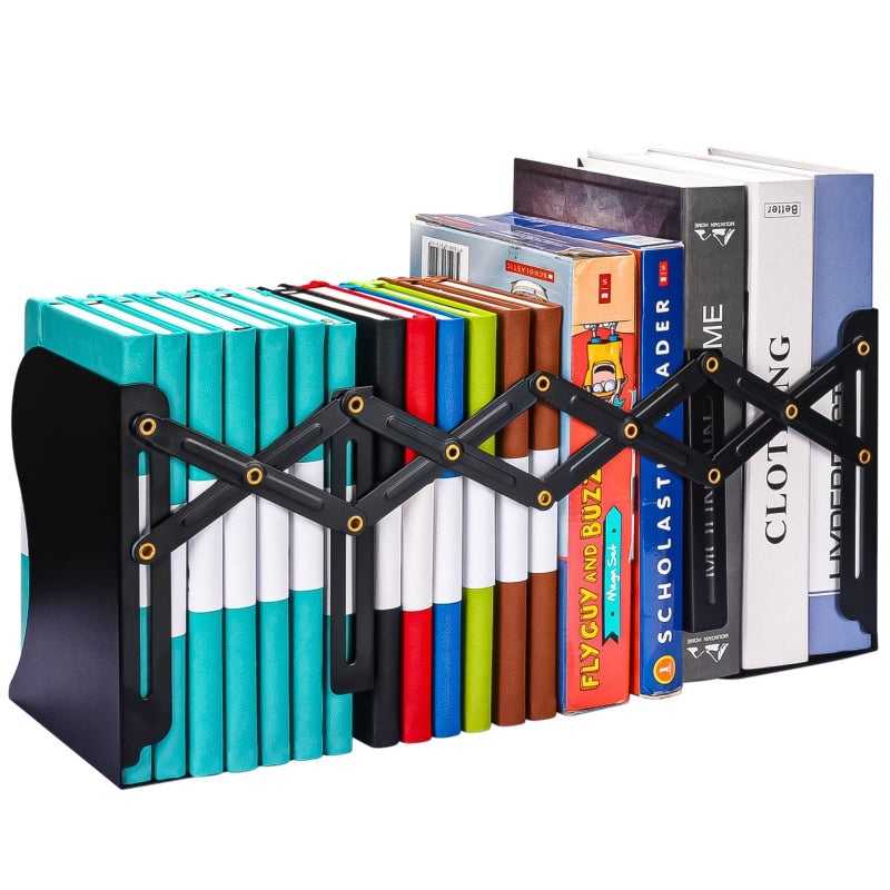 OMEYA Adjustable Bookends, Metal Book Ends for Heavy Book, 2 Dividers, Nonslip Book Stander for Desk, Shelf, Office, Stationery Gift, Extends up to 19 inches (Black) - Image 1